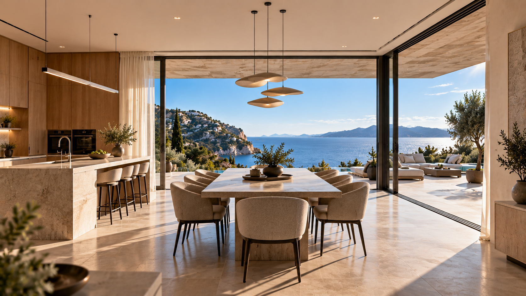 The dining room and kitchen