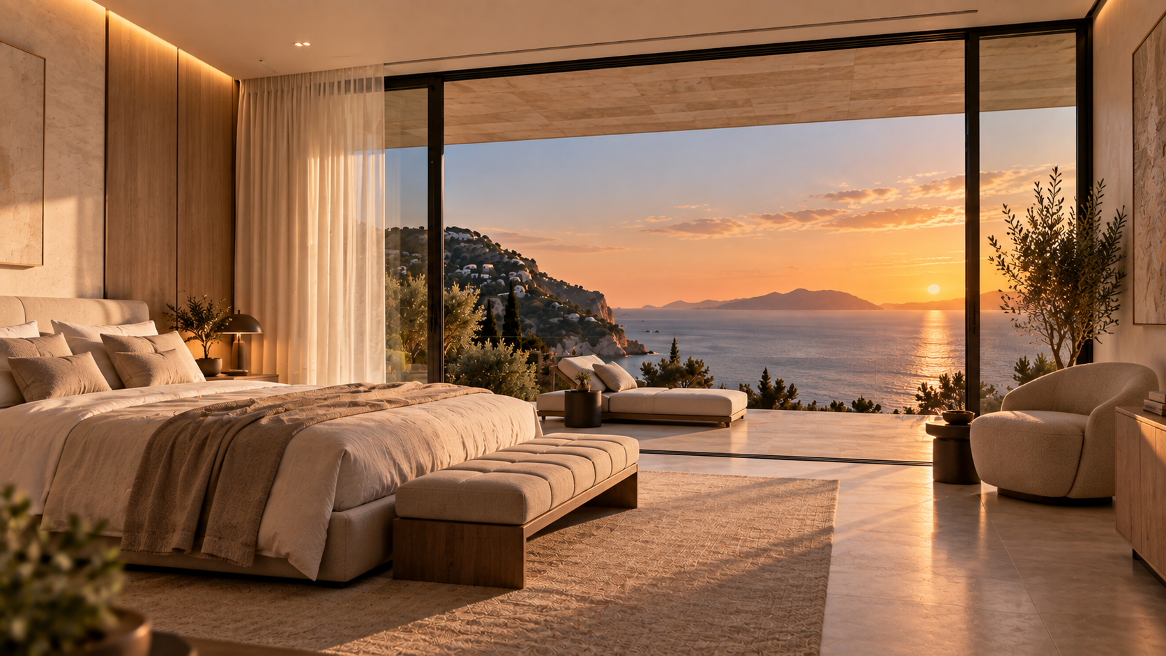 The master bedroom overlooking the sea