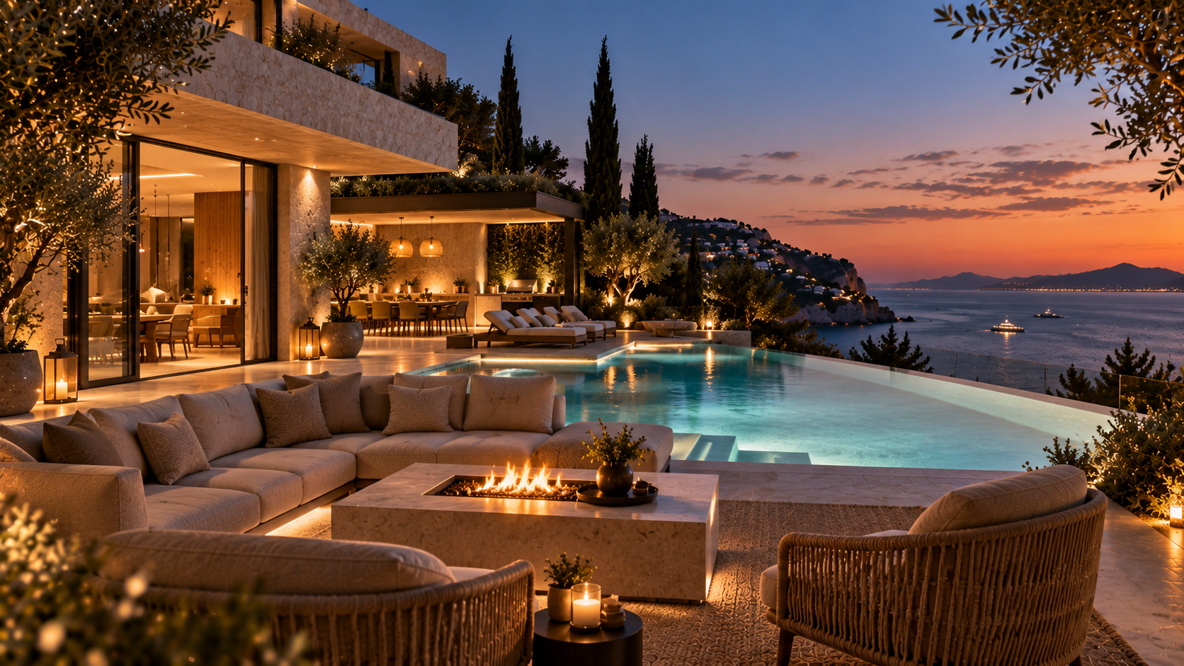 The pool lounge at dusk